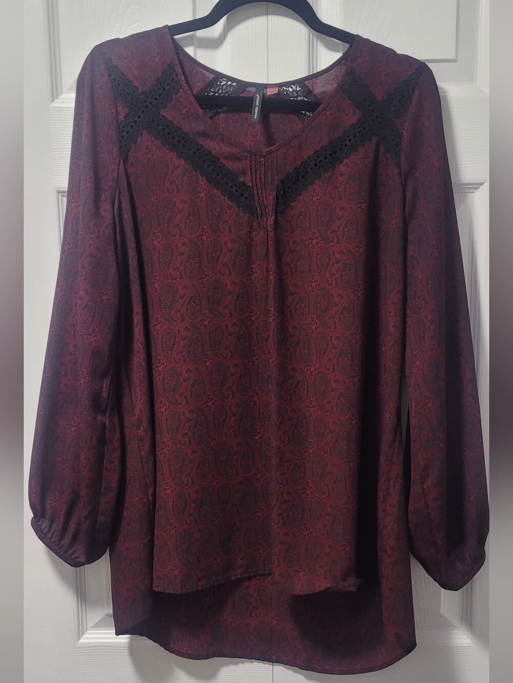 Amanda Green Burgundy Paisley Lace-Trim Blouse